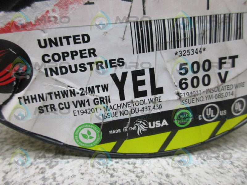 UNITED COOPER INDUSTRIES STRCUVW1GRH 500' YELLOW WIRE *NEW NO BOX*