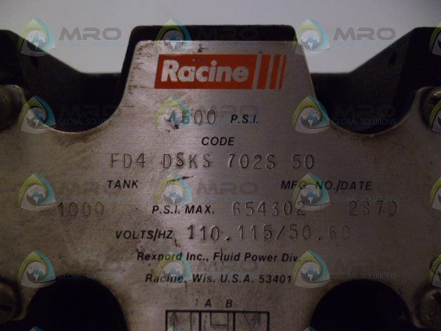 RACINE FD4-DSKS-702S-50 SOLENOID VALVE *USED*