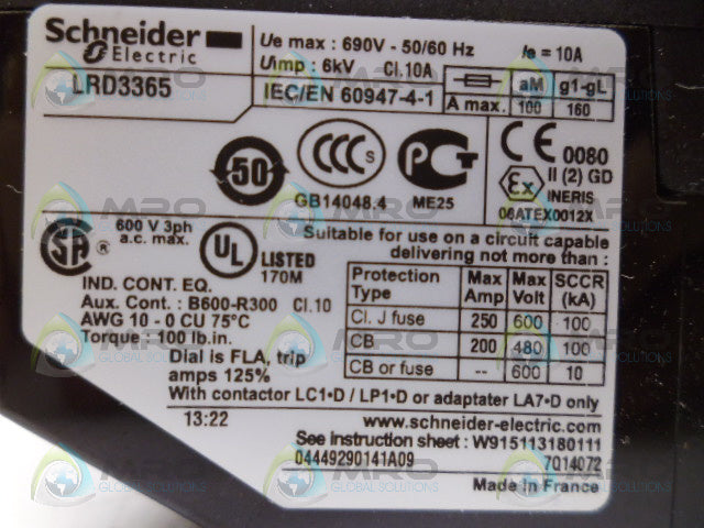 SCHNEIDER ELECTRIC LRD3365 THERMAL OVERLOAD RELAY *NEW IN BOX*