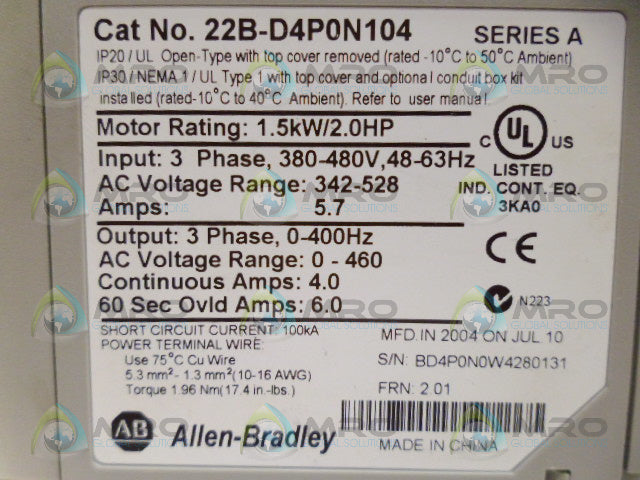 ALLEN BRADLEY POWERFLEX40 22B-D4P0N104 SER. A AC DRIVE F/W 2.01 *NEW NO BOX*