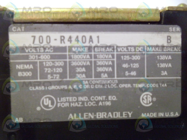 ALLEN BRADLEY 700-R440A1 SER. B CONTACTOR *USED*