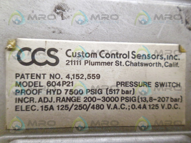 CCS 604P21 PRESSURE SWITCH *NEW NO BOX*