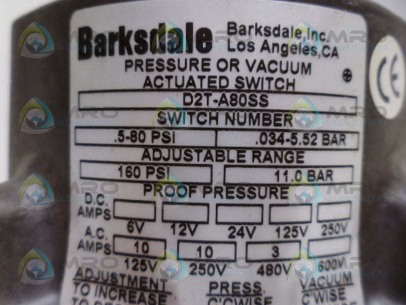 BARKSDALE D2T-A80SS PRESSURE/VACUUM ACTUATED SWITCH *NEW NO BOX*