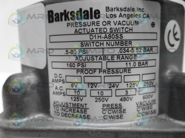 BARKSDALE D1H-A80SS PRESSURE/VACUUM ACTUATED SWITCH *NEW NO BOX*