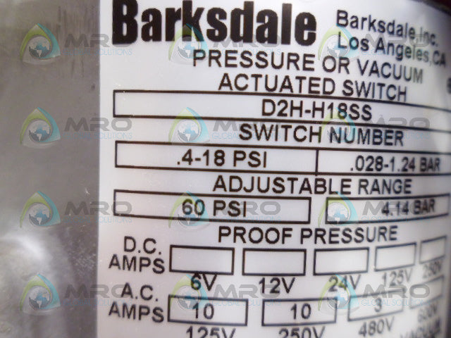 BARKSDALE D2HH18SS PRESSURE/VACUUM ACTUATED SWITCH *NEW IN BOX*