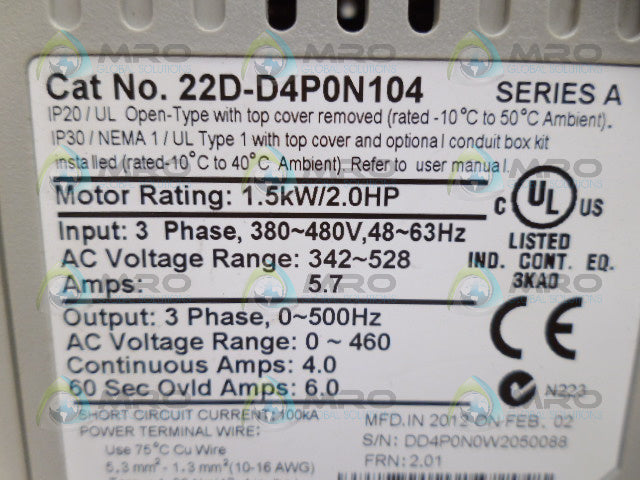 ALLEN BRADLEY 22D-D4P0N104 SER. A F/W 2.01 POWERFLEX AC DRIVE *USED*