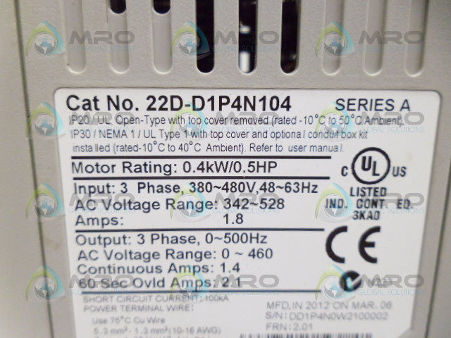ALLEN BRADLEY 22D-D1P4N104 F/W 2.01 SER. A POWERFLEX DRIVE *USED*