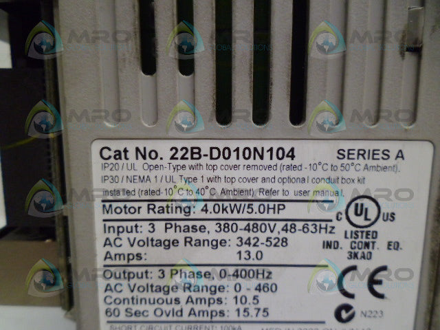 ALLEN BRADLEY 22B-D010N104 SER. A POWERFLEX AC DRIVE *USED*