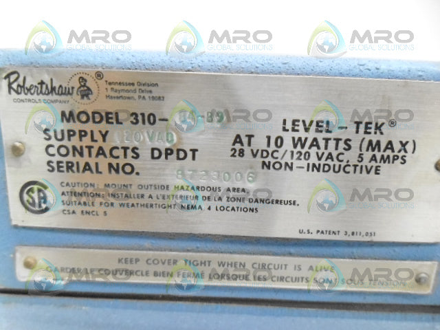 ROBERTSHAW 310-B4-B5 LEVEL DETECTOR *USED*