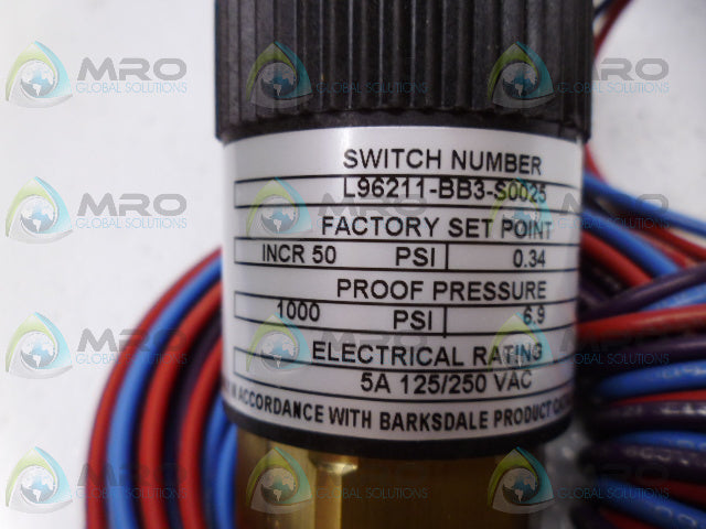 BARKSDALE L96211-BB3-S0025 PRESSURE SWITCH *NEW NO BOX*