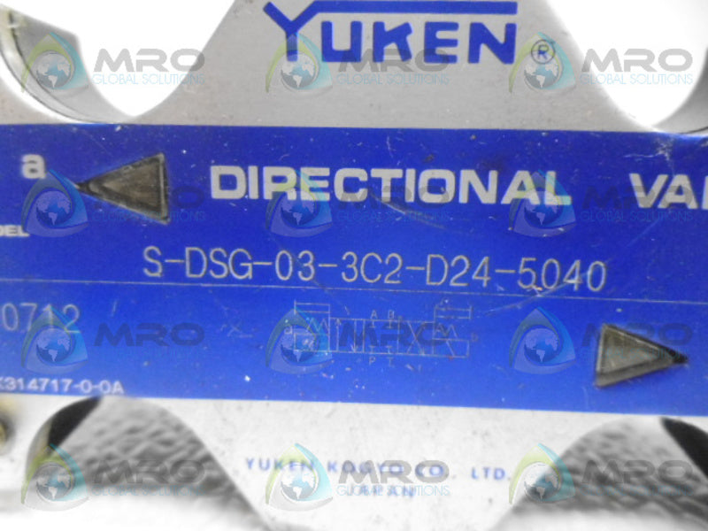 YUKEN S-DSG-03-3C2-D24-5040 DIRECTIONAL VALVE (AS PICTURED) *NEW NO BOX*