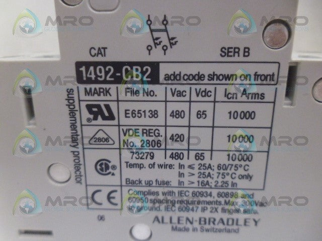 ALLEN BRADLEY 1492-CB2G150 SER. B CIRCUIT BREAKER *USED*