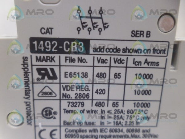 ALLEN BRADLEY 1492-CB3G100 SER. B CIRCUIT BREAKER  UNMP