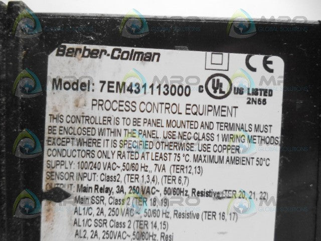 BARBER-COLMAN 7EM431113000 PROCESS CONTROL EQUIPMENT *USED*