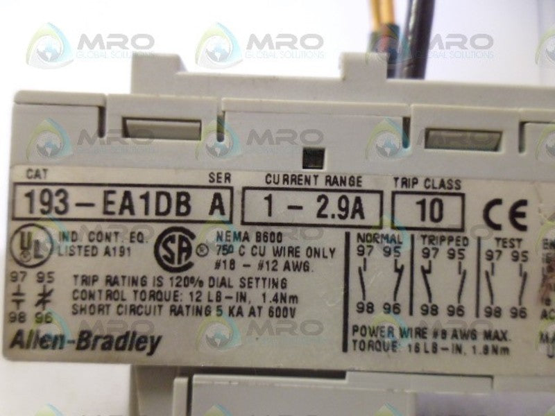 ALLEN BRADLEY 193-EA1DB SER. A OVERLOAD RELAY 1-2.9A *USED*