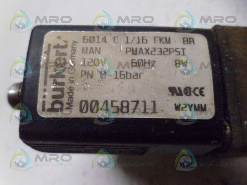 BURKERT 6014C1/16FKMBR SOLENOID VALVE *USED*