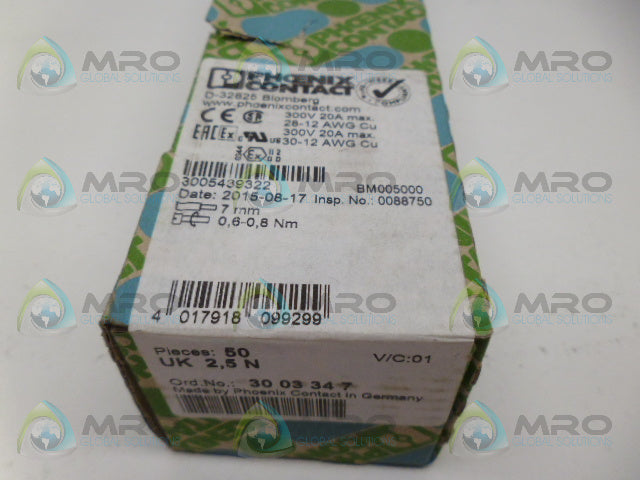 PHOENIX CONTACT UK2,5N TERMINAL BLOCK (PKG OF 50) *FACTORY SEALED*