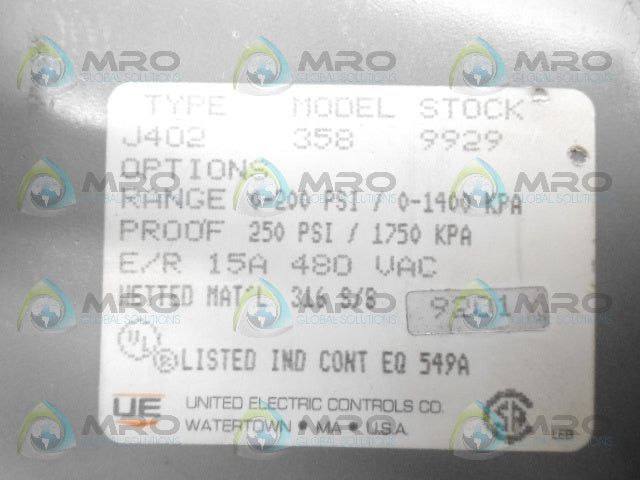 UNITED ELECTRIC J402-358 PRESSURE SWITCH *NEW NO BOX*