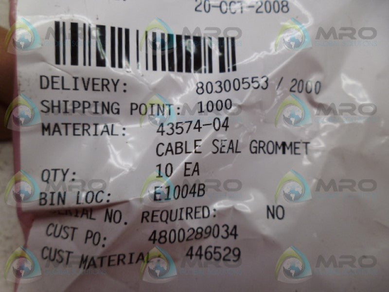 BENTLY NEVADA 43574-04 SEAL GROMMET (PKG OF 10) *NEW IN FACTORY BAG*