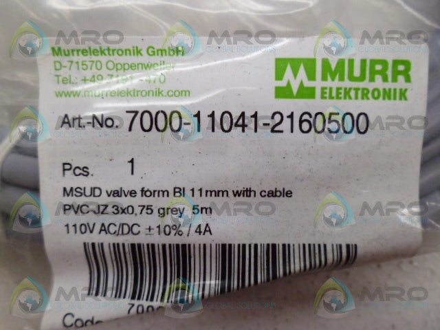 MURR ELEKTRONIK 7000-11041-2160500 VALVE PLUG WITH CABLE *NEW IN FACTORY BAG*