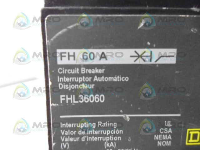 SQUARE D FHL36060 CIRCUIT BREAKER 3 POLE 600V *NEW NO BOX*