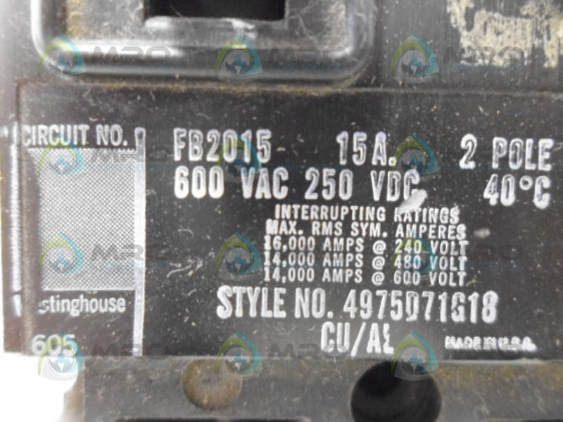 WESTINGHOUSE FB2015 CIRCUIT BREAKER 2 POLE 15AMP *NEW NO BOX*