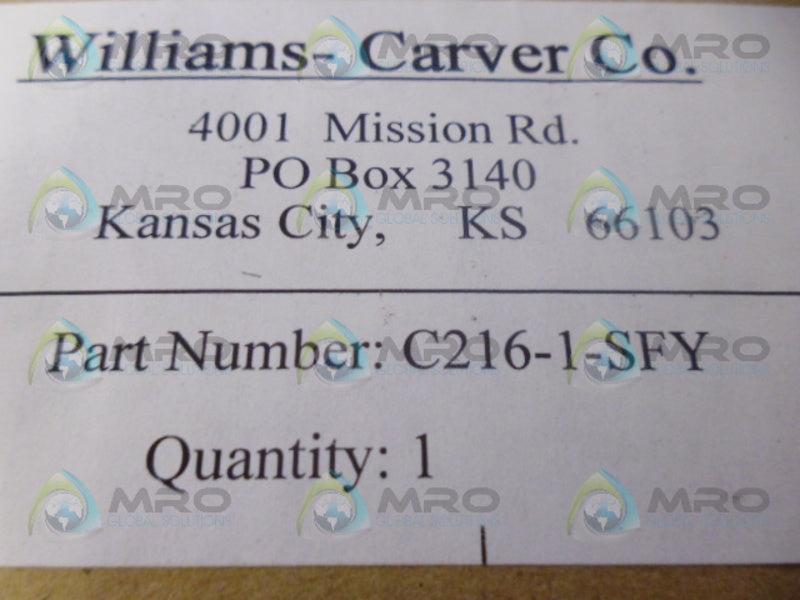 WILLIAMS CARVER C216-1-SFY PUMP SEAL REPAIR KIT *NEW IN ORIGINAL PACKAGE*