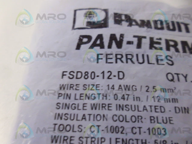 PANDUIT FSD80-12-D INSULATED FERRULE TERMINAL (PKG OF 500) *NEW IN FACTORY BAG*