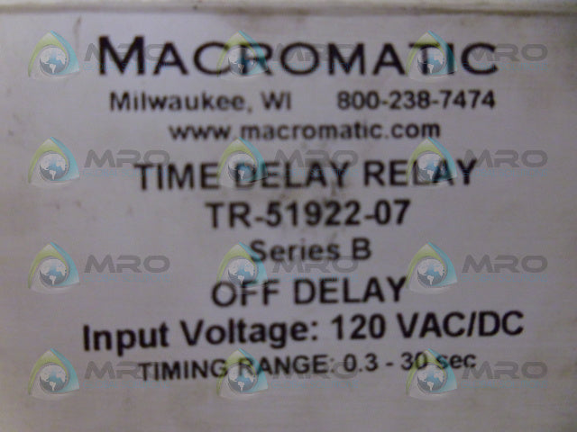 MACROMATIC TR-51922-07 TIME DELAY RELAY 120VAC/DC *NEW IN BOX*