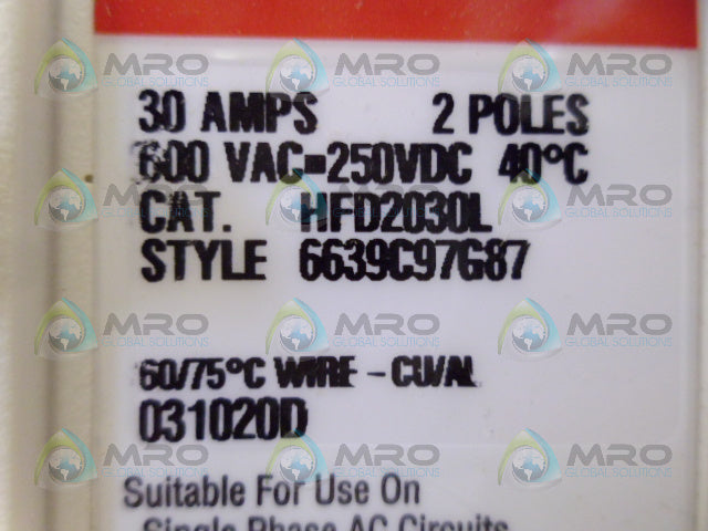 CUTLER HAMMER HFD2030L CIRCUIT BREAKER 2 POLE 30A *NEW IN BOX*