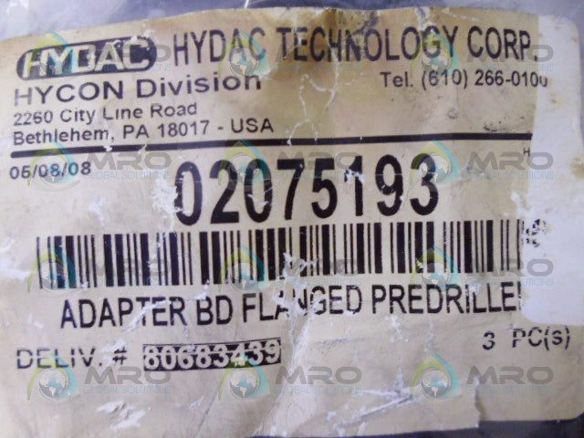HYDAC 02075193 ADAPTER FLANGED (PKG OF 3) *NEW IN FACTORY BAG*
