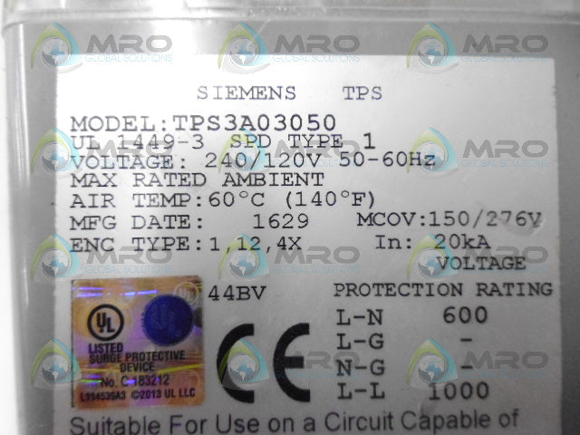 SIEMENS TPS3A03050 SURGE PROTECTIVE DEVICE *USED*