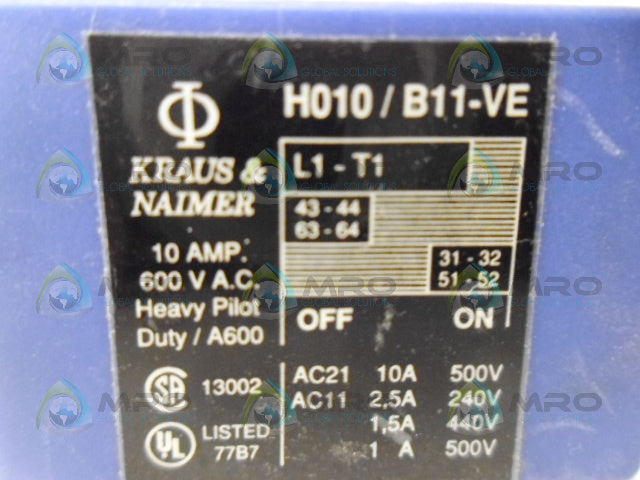 KRAUS & NAIMER H010/B11-VE AUXILIARY CONTACT *NEW NO BOX*