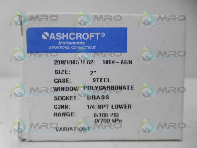 ASHCROFT 20W1005H02L PRESSURE GAUGE 100PSI *NEW IN BOX*