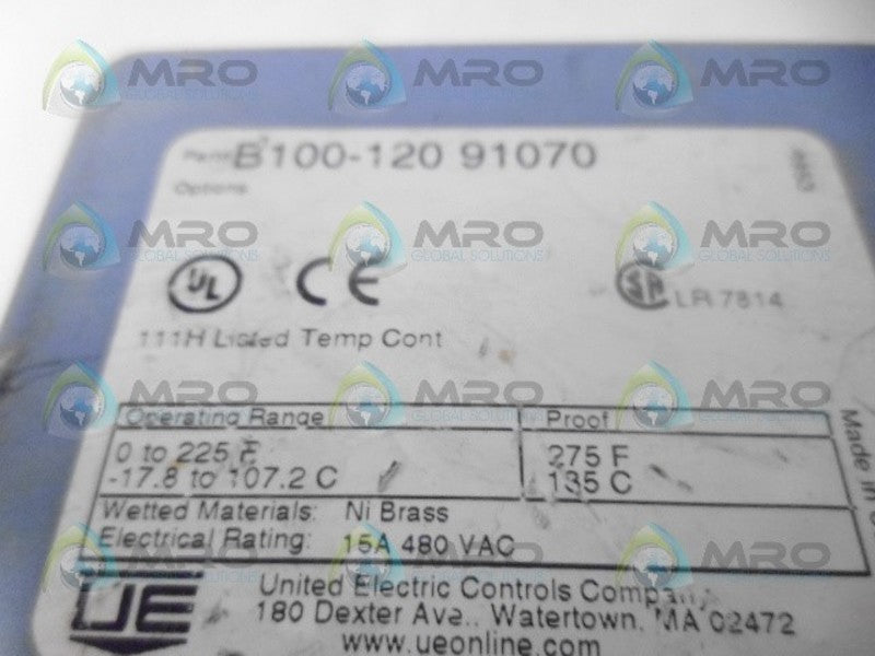 UNITED ELECTRIC B100-120 91070 TEMPERATURE CONTROLLER (AS PICTURED) *USED*