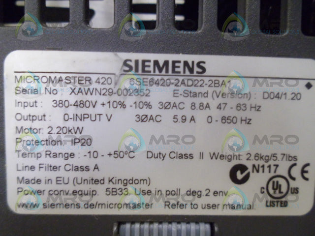 SIEMENS 6ES6420-2AD22-2BA1 MICROMASTER420 (AS PICTURED) *USED*