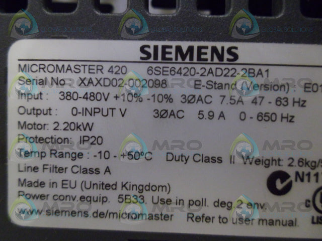 SIEMENS MICROMASTER 420 6SE6420-2AD22-2BA1  DRIVE *NEW NO BOX*