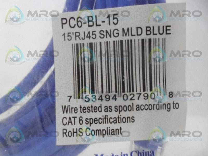 INDUSTRIAL MRO# PC6-BL-15 CAT. 6 ETHERNET CABLE *NEW IN FACTORY BAG*