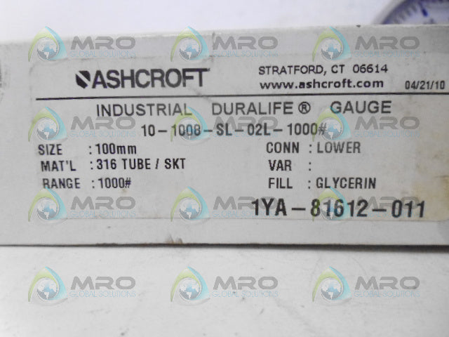 ASHCROFT 10-1008-SL-02L-1000# DURALIFE GUAGE *NEW IN BOX*