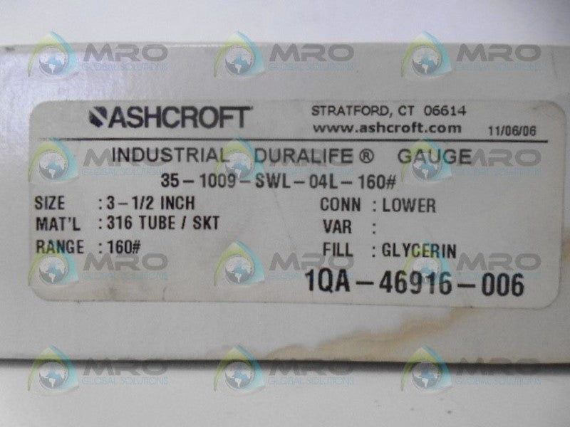 ASHCROFT 351009SWL04L160# GUAGE 160PSI *NEW IN BOX*