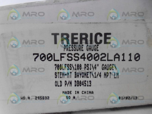 TRERICE 700LFSS4002LA110 PRESSURE GUAGE 100 PSI *NEW IN BOX*