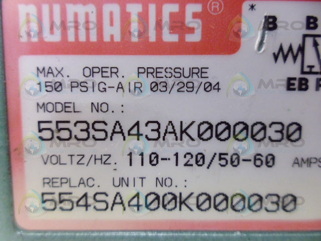 NUMATICS 553SA43AK000030 SOLENOID VALVE *USED*