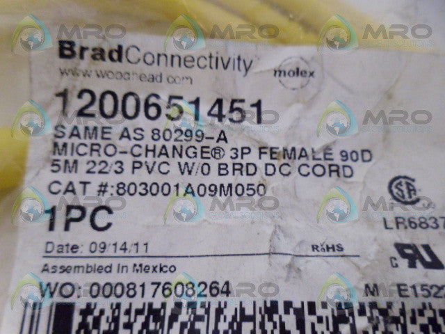 DANIEL WOODHEAD 80299-A 803001A09M050 CORDSET *NEW IN FACTORY BAG*