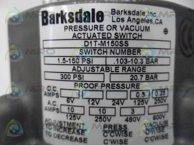 BARKSDALE D1T-M150SS ACTUATED SWITCH 1.5-150PSI *NEW IN BOX*