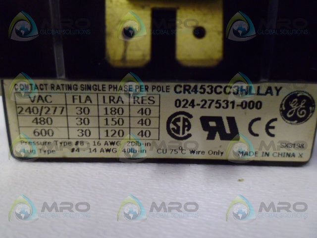 GENERAL ELECTRIC CR453CC3HLLAY CONTACTOR *USED*