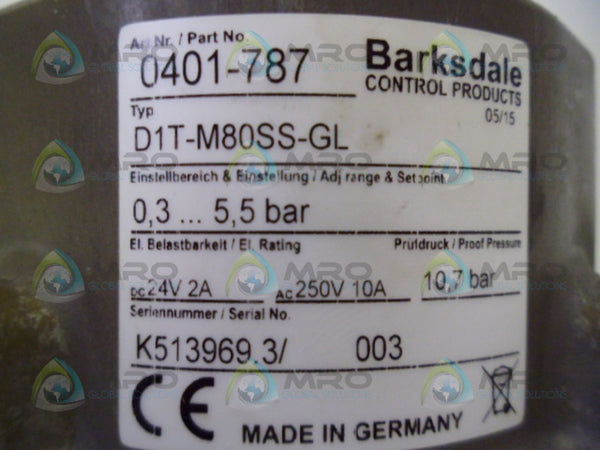 BARKSDALE D1T-M80SS-GL PRESSURE SWITCH NSMP