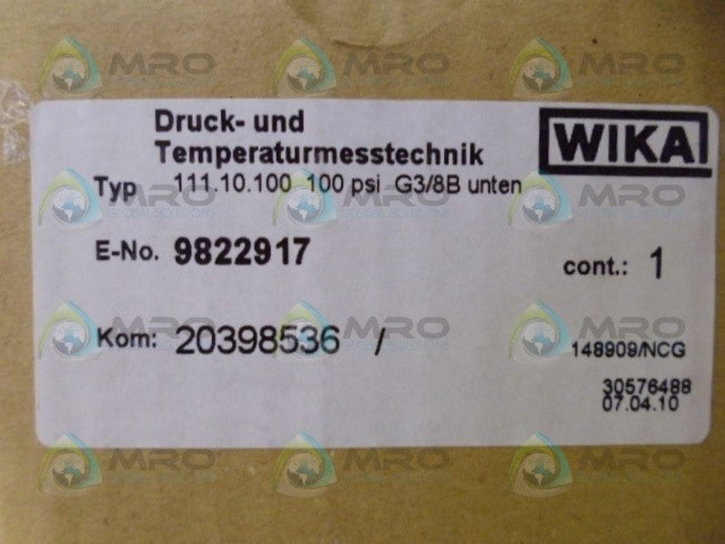 WIKA111.10.100 GUAGE 100PSI NSMP