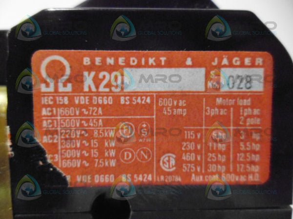 BENEDIKT & JAGER K29 CONTACTOR RELAY NSNP