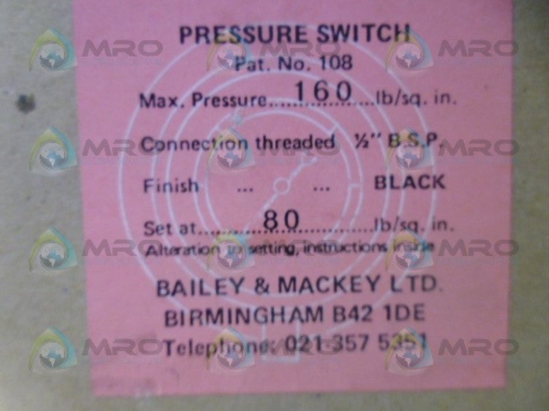 BAILEY & MACKEY 160 PRESSURE SWITCH NSMP