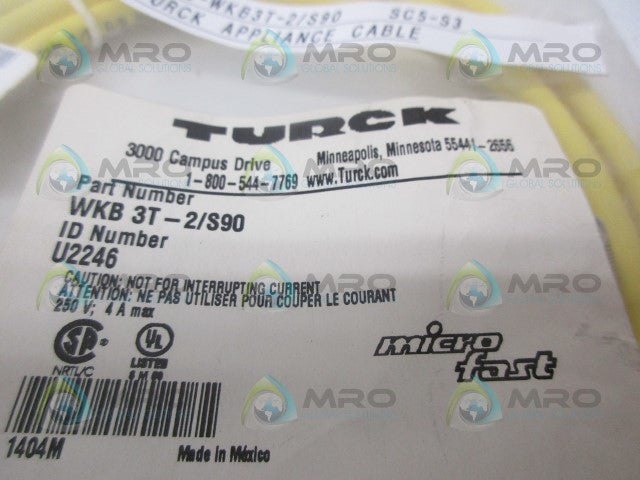 TURCK WKB3T-2/S90 CORDSET *NEW IN FACTORY BAG*